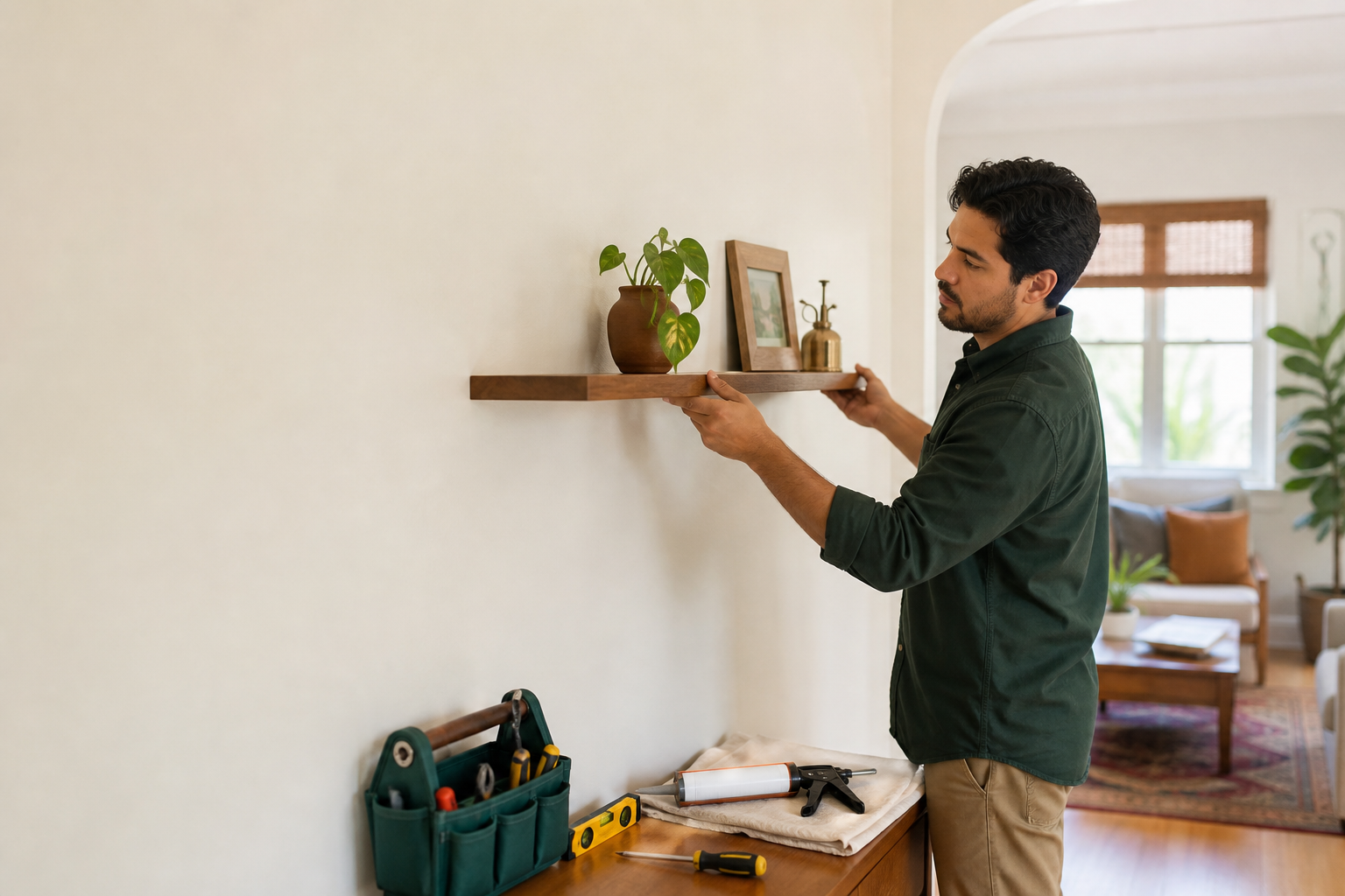 Home-service technician carefully installing a floating shelf